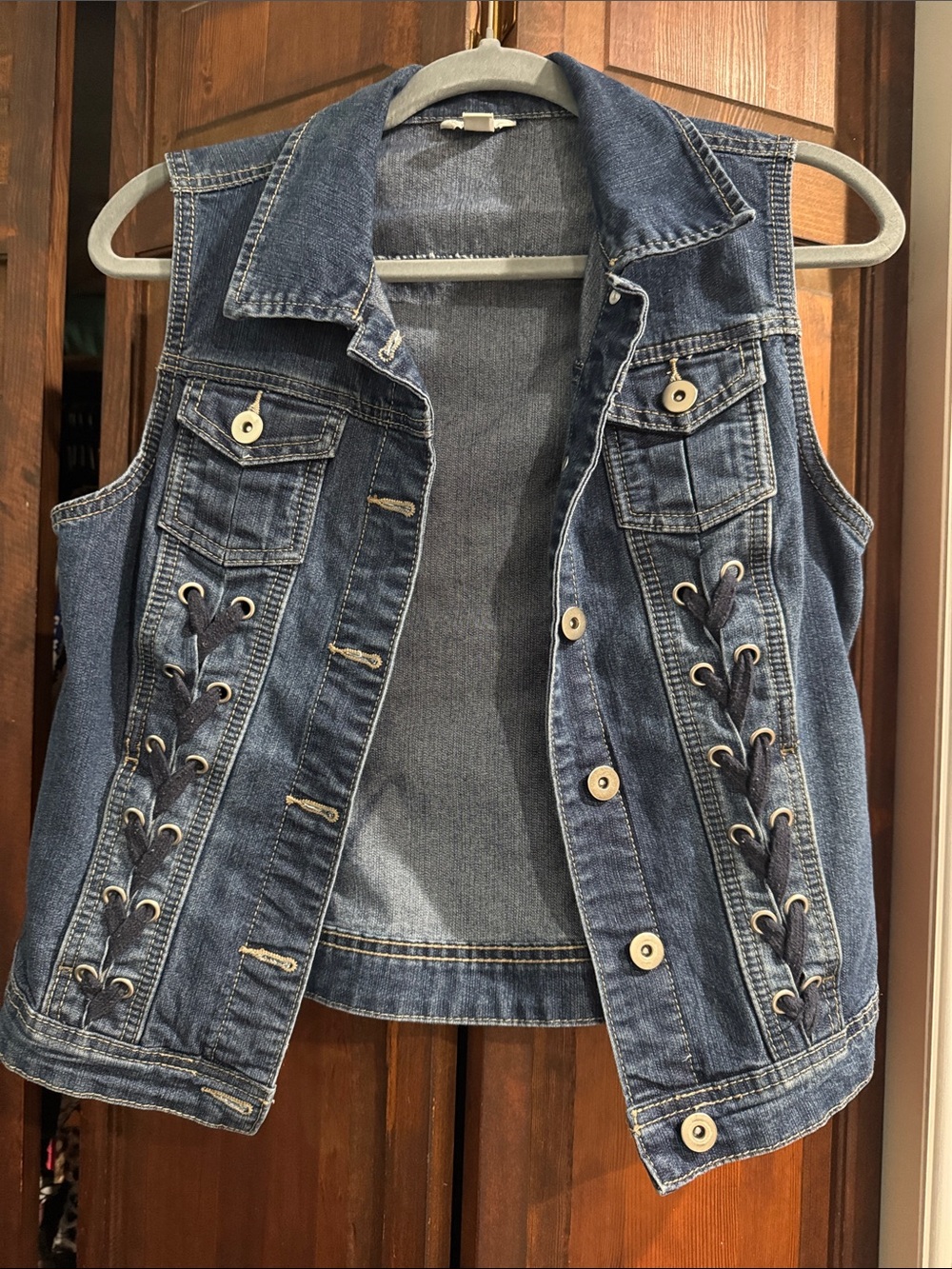 Women's Blue Sleeveless Denim Vest with Lace-Up Sides